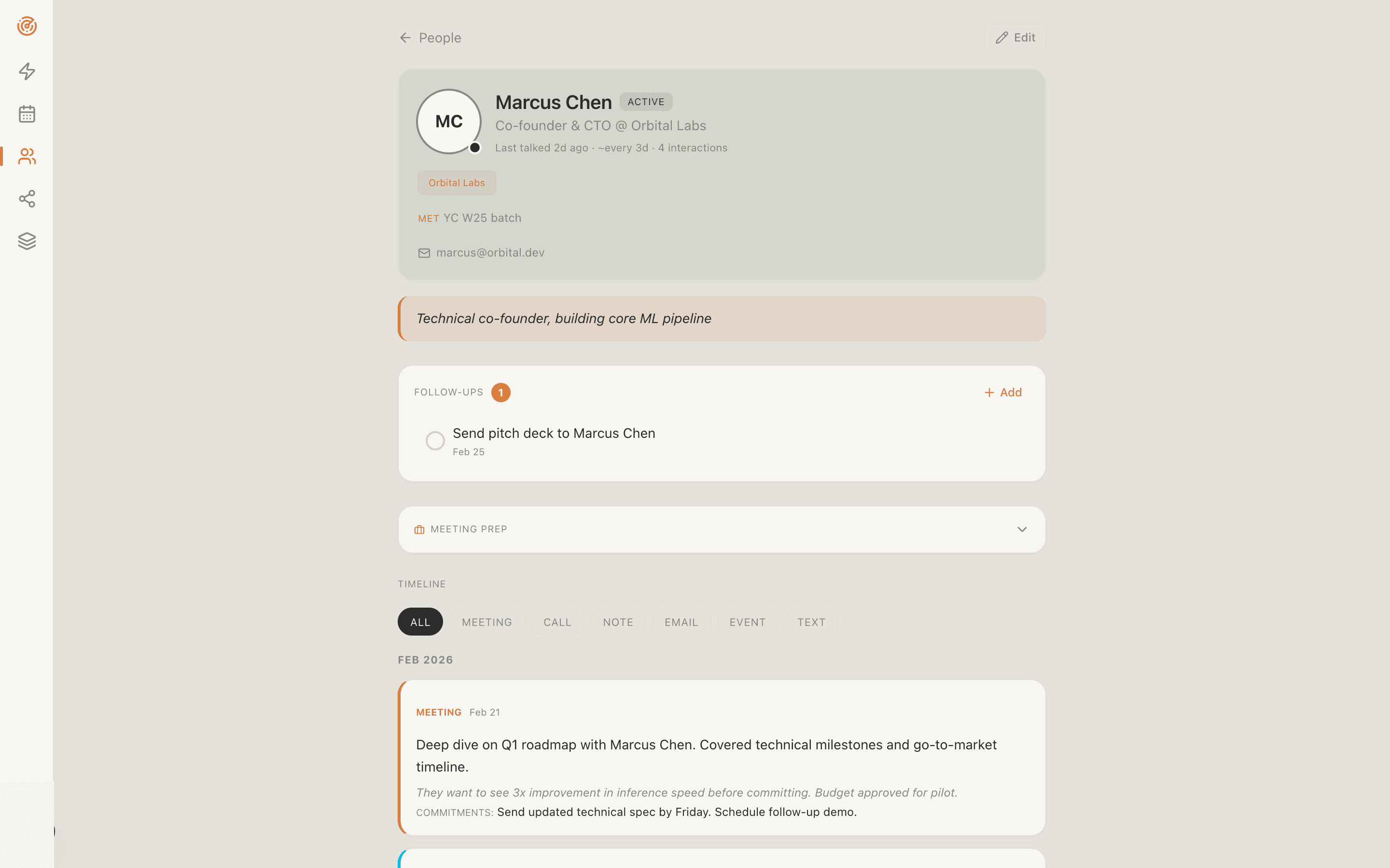 Person detail — follow-ups, timeline, meeting prep