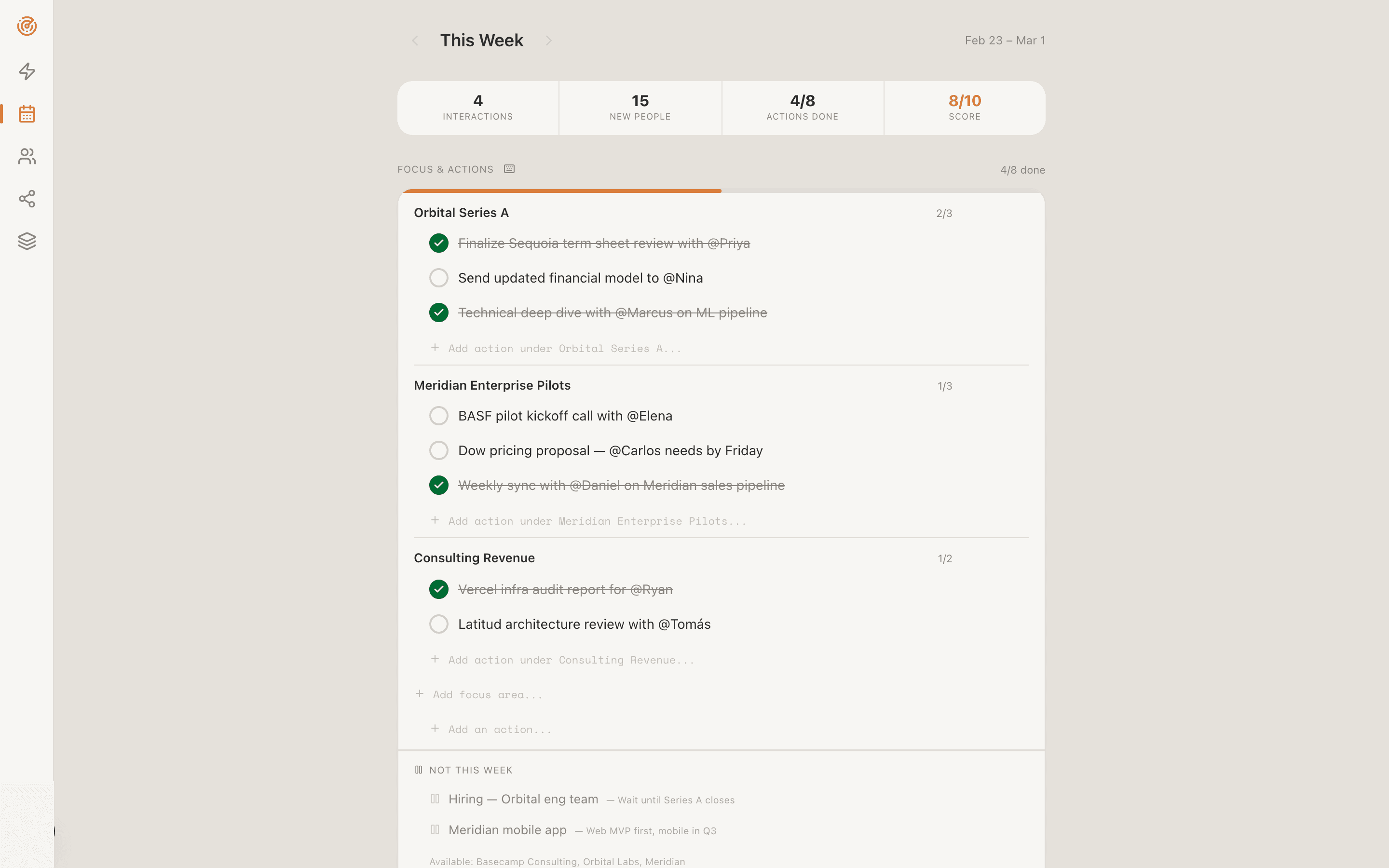 Weekly hub — venture-organized actions and progress